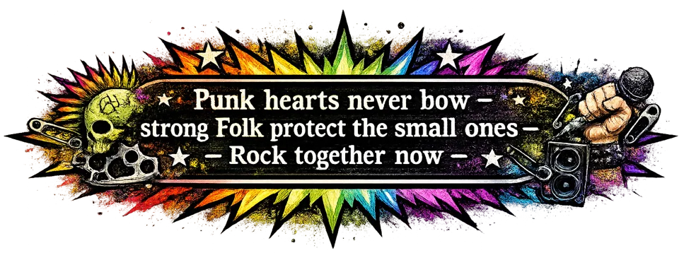 Home — Punk hearts never bow. Strong folk protect the small ones. Rock together now.