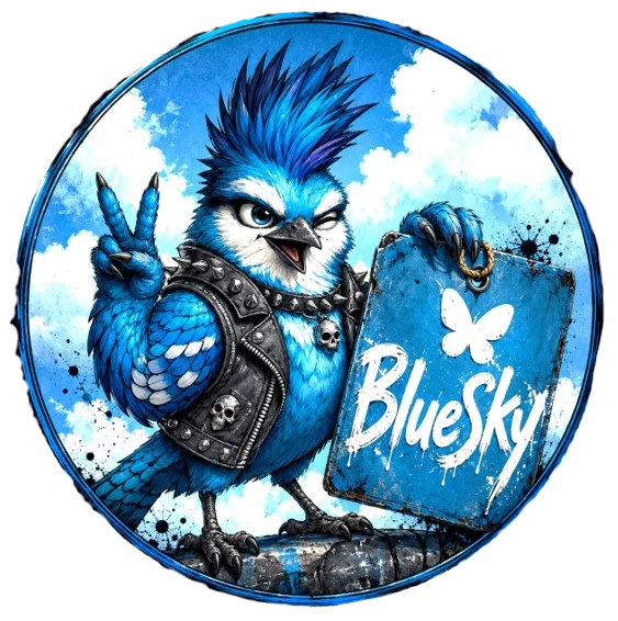 Blu, the blue punk bird, flashes a peace sign beside the handwritten Bluesky logo.