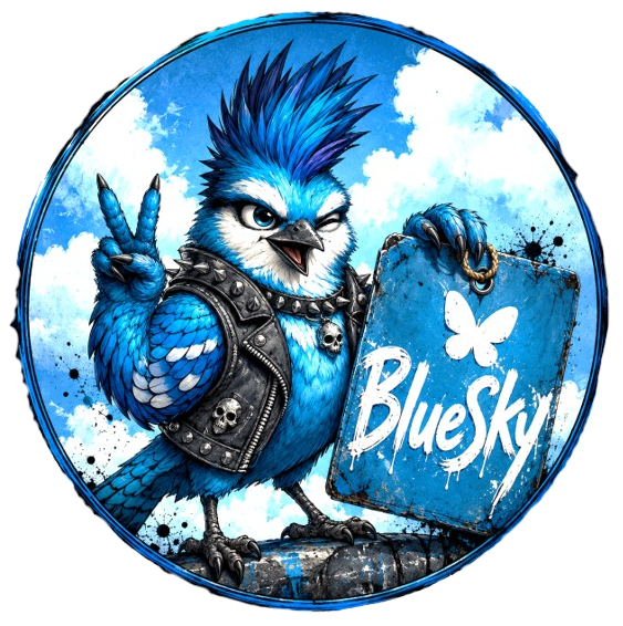 Blu, punk blue bird with a black leather vest and a bad attitude.